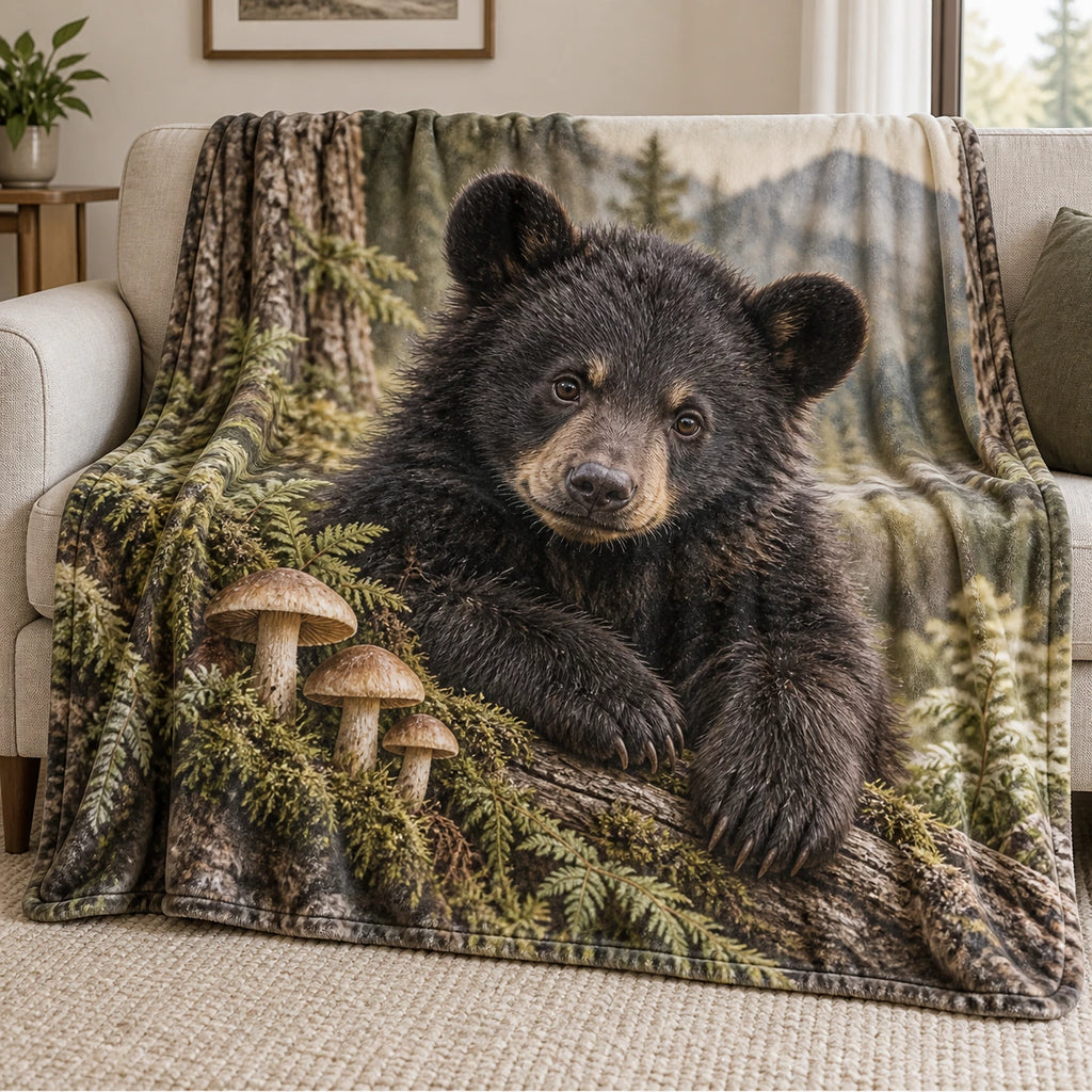 Black Bear Mushroom Hollow Fleece Blanket with printed dimensional artwork
