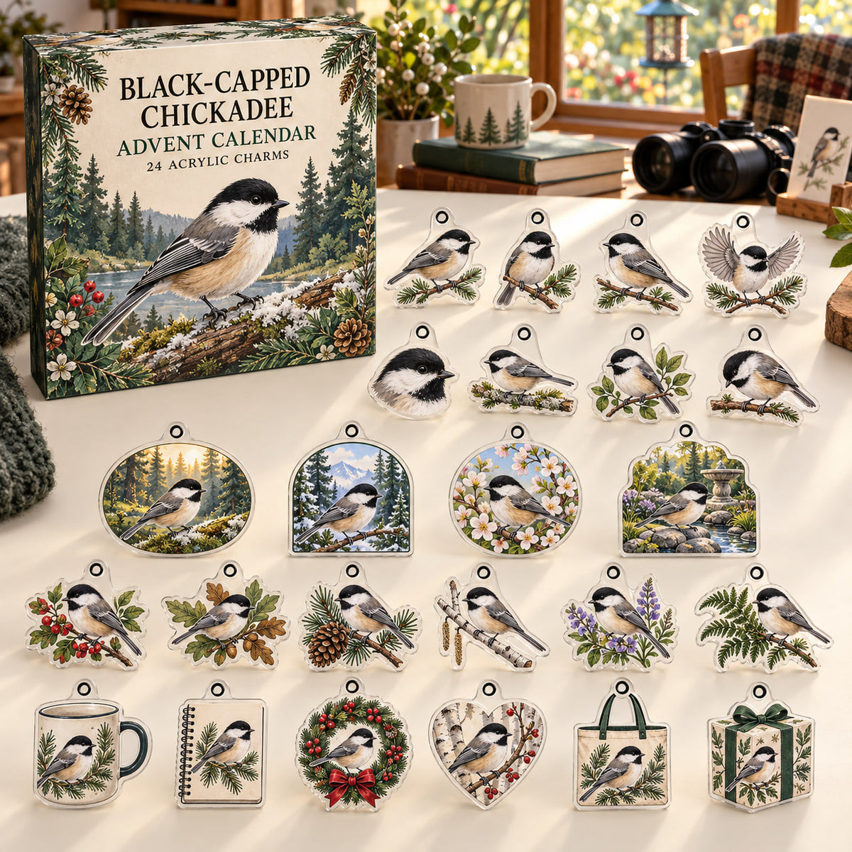Black-Capped Chickadee advent calendar box with 24 themed flat printed acrylic charms