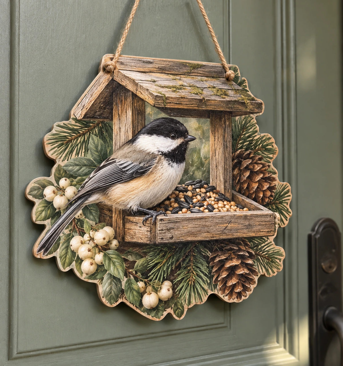 Black-capped Chickadee Garden Feeder Custom Shape Door Hanger with printed dimensional artwork