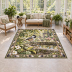 Black-capped chickadee area rug perched on a mossy birdbath with reflected leaves in a botanical sunroom.
