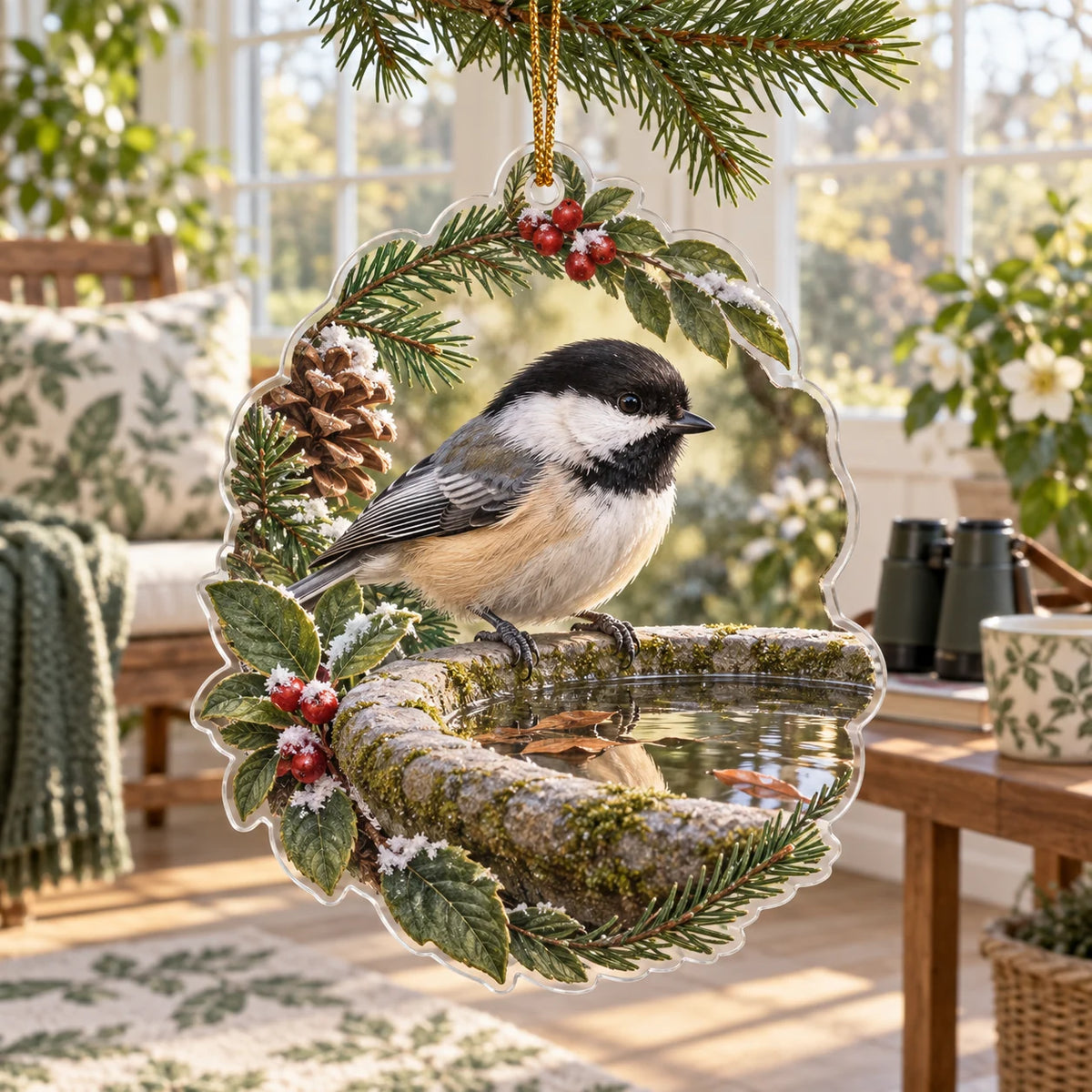 Black-capped chickadee christmas ornament perched on a mossy birdbath with reflected leaves in a botanical sunroom.