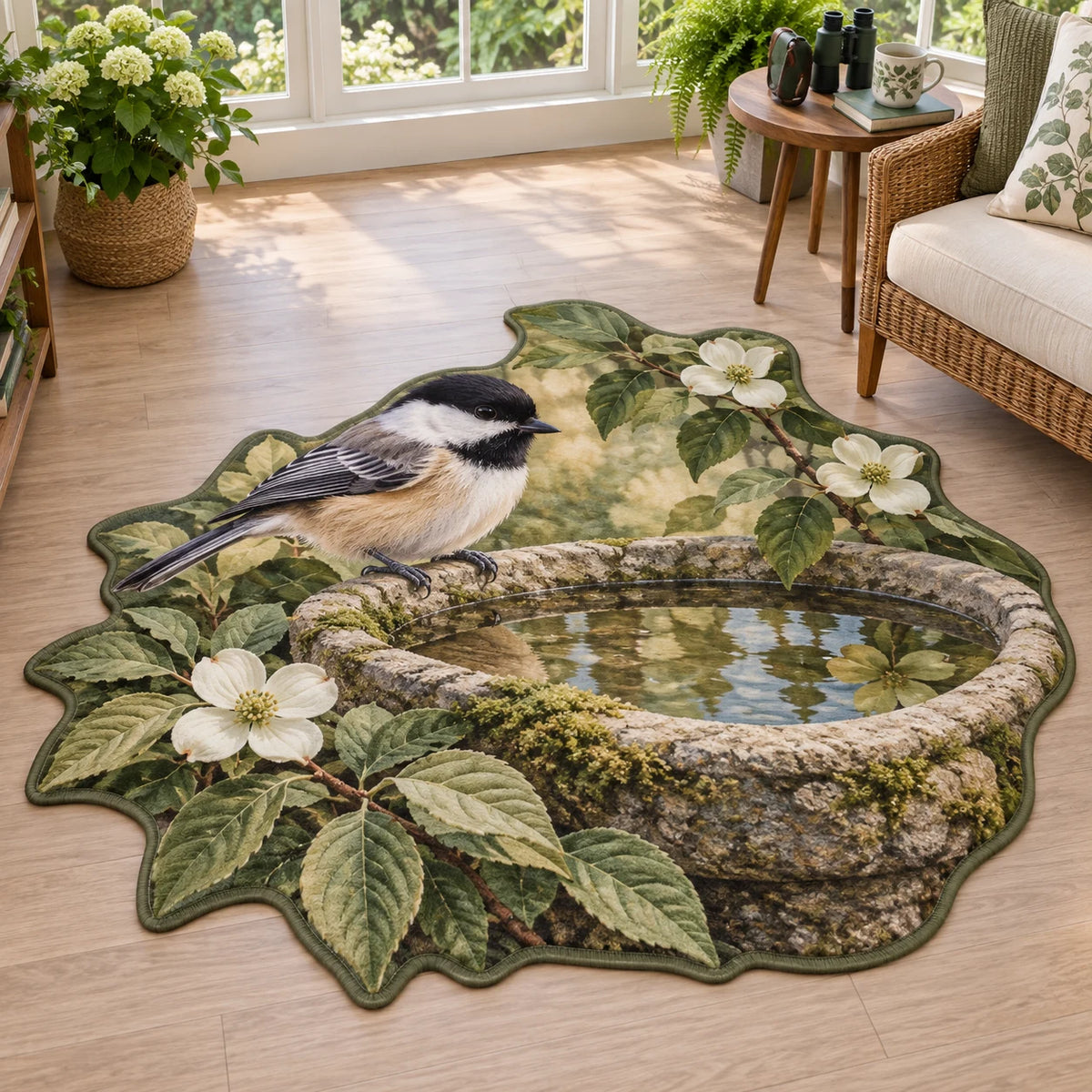 Black-capped chickadee custom shape area rug perched on a mossy birdbath with reflected leaves in a botanical sunroom.