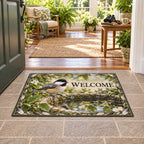 Black-capped chickadee doormat perched on a mossy birdbath with reflected leaves in a botanical sunroom.