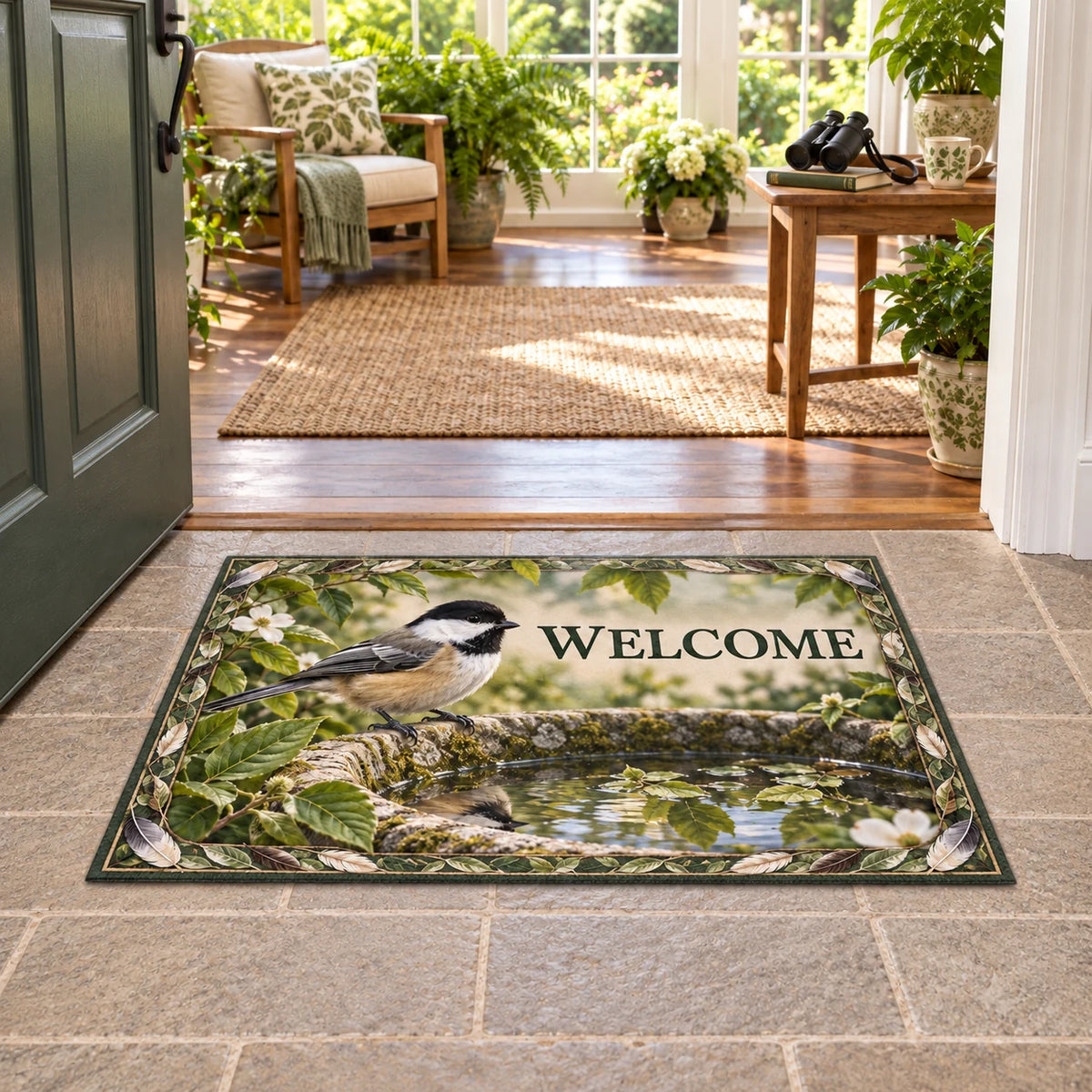 Black-capped chickadee doormat perched on a mossy birdbath with reflected leaves in a botanical sunroom.