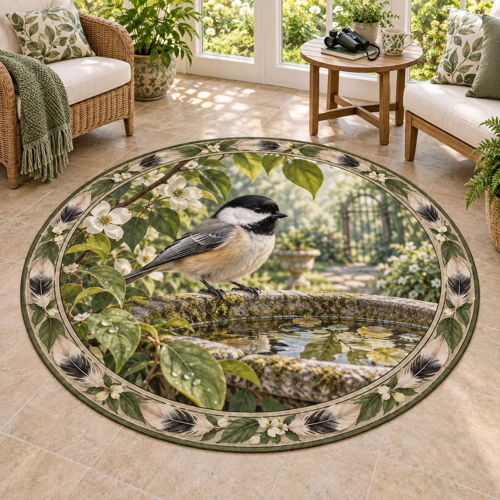 Black-capped chickadee round mat rug perched on a mossy birdbath with reflected leaves in a botanical sunroom.