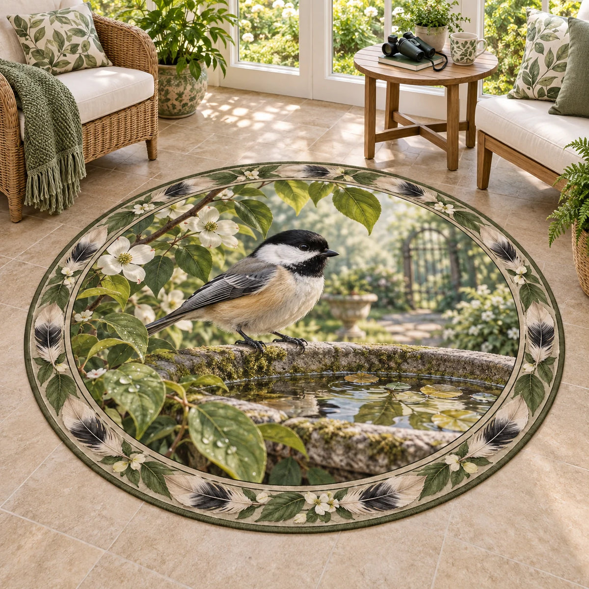 Black-capped chickadee round mat rug perched on a mossy birdbath with reflected leaves in a botanical sunroom.