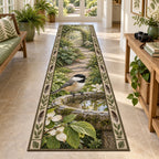 Black-capped chickadee runner rug perched on a mossy birdbath with reflected leaves in a botanical sunroom.