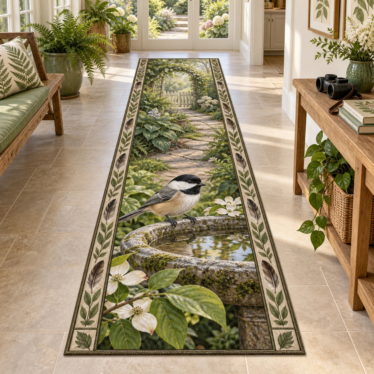 Black-capped chickadee runner rug perched on a mossy birdbath with reflected leaves in a botanical sunroom.