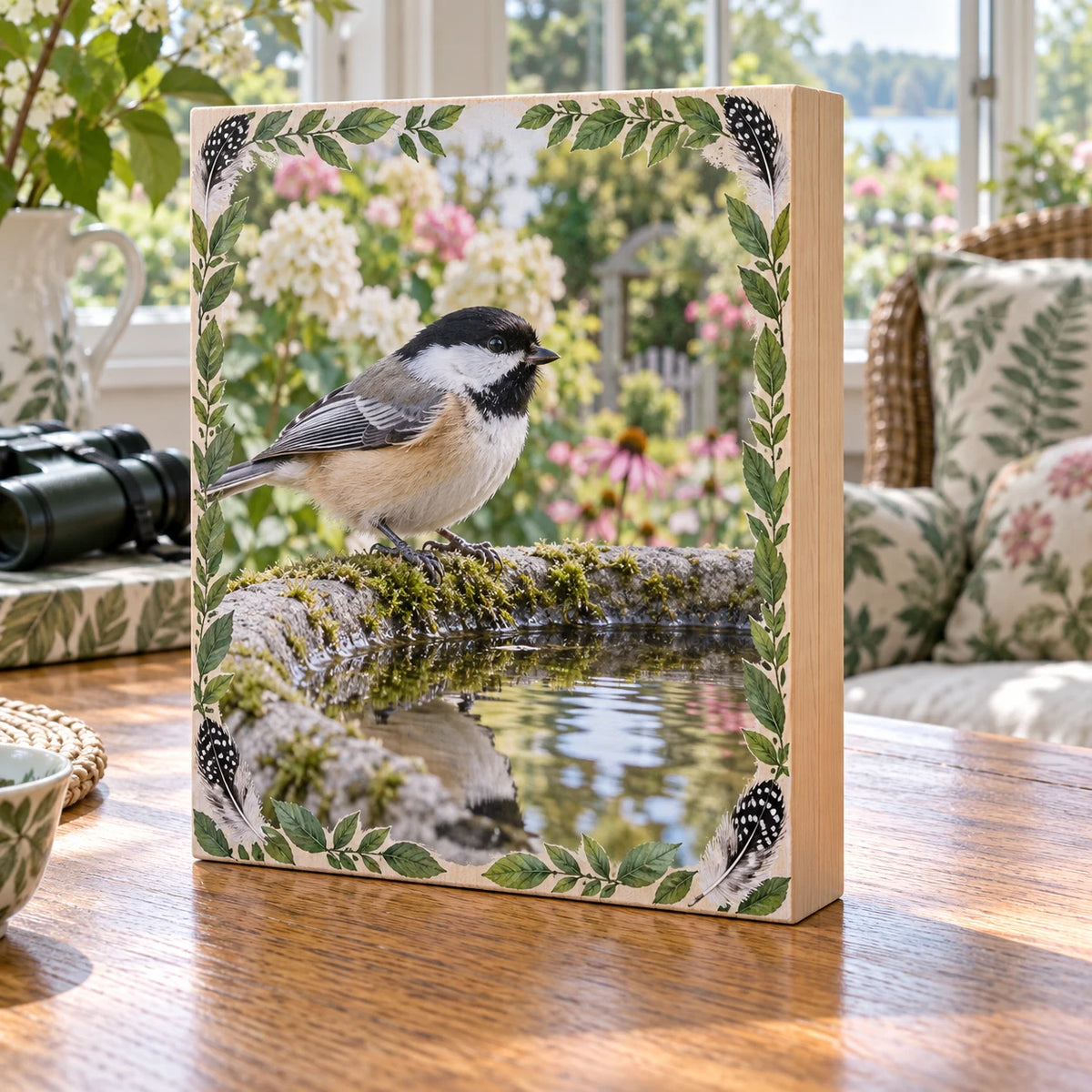 Black-capped chickadee wooden block perched on a mossy birdbath with reflected leaves in a botanical sunroom.