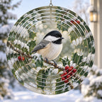 Black-capped Chickadee Winter Holly Wind Spinner with printed dimensional artwork