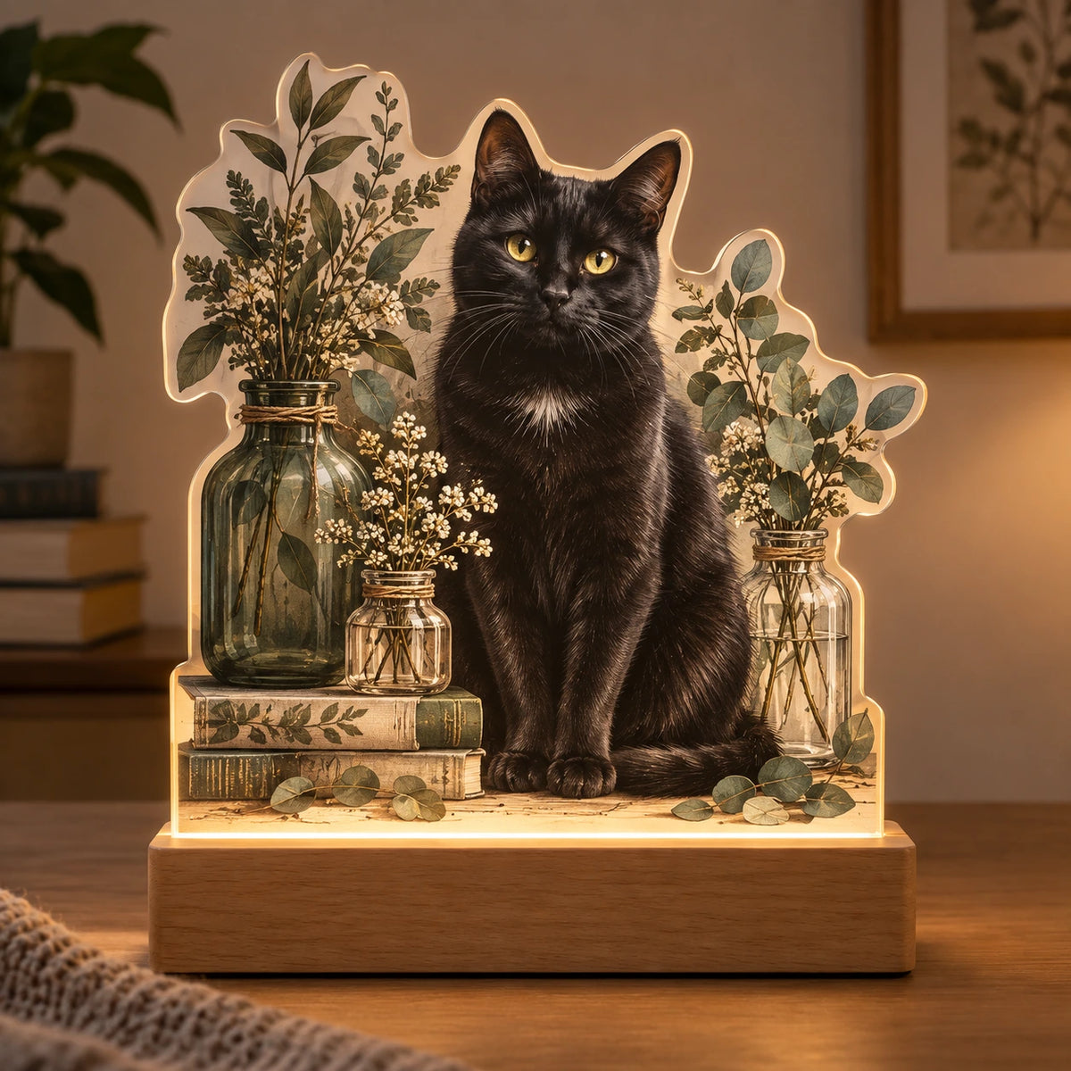 Black Cat Apothecary Shelf Acrylic Night Light with printed dimensional artwork