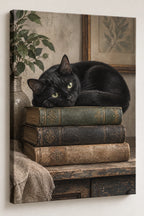 Black Cat Book Stack Canvas Wall Art with printed dimensional artwork