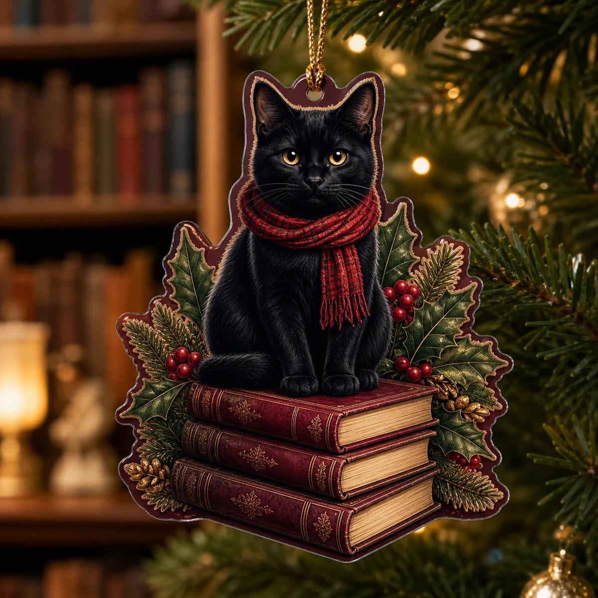Black Cat Christmas Books christmas ornament with a dimensional printed design in a cat book christmas setting