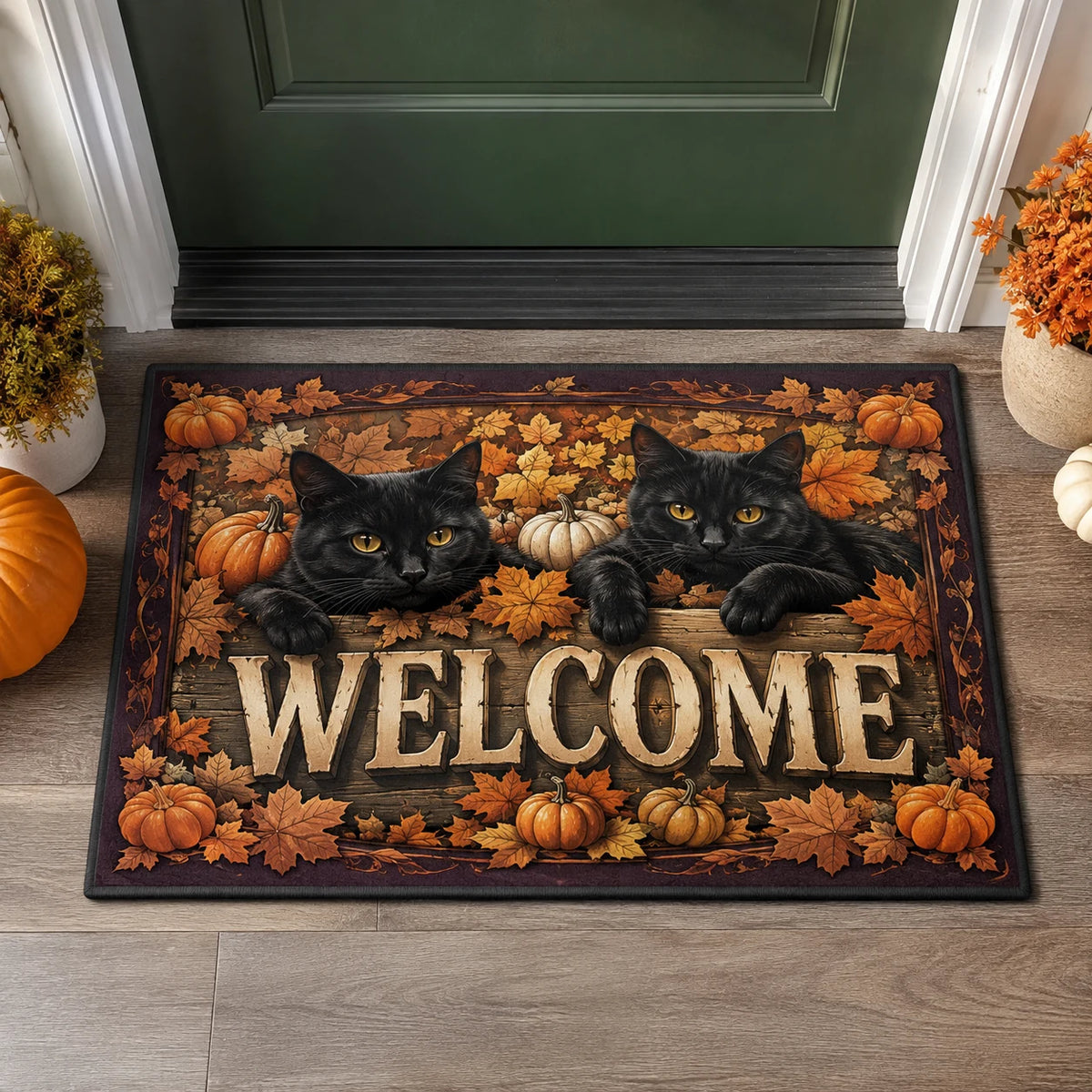 Black Cat Harvest Welcome doormat with a dimensional printed design in a autumn cat entry setting