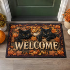 Black Cat Harvest Welcome doormat with a dimensional printed design in a autumn cat entry setting