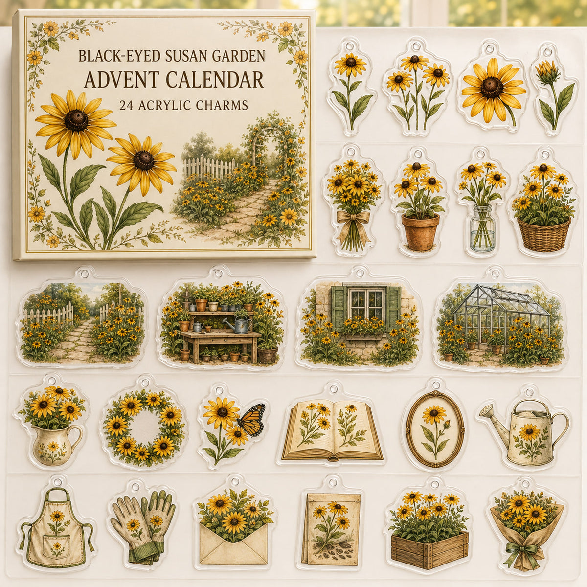Black-Eyed Susan advent calendar box and 24 printed acrylic botanical charms