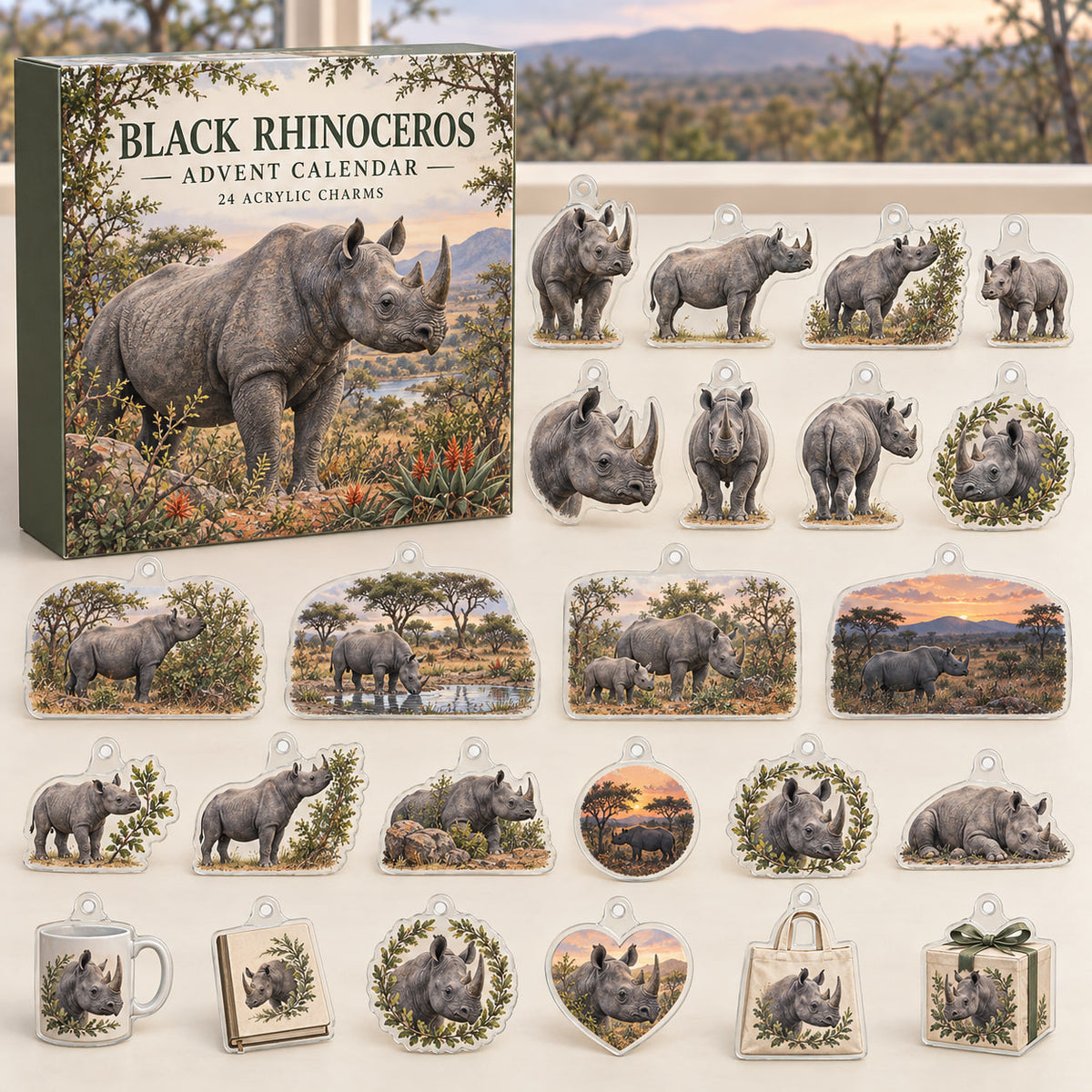 Black Rhinoceros advent calendar box with 24 themed flat printed acrylic charms