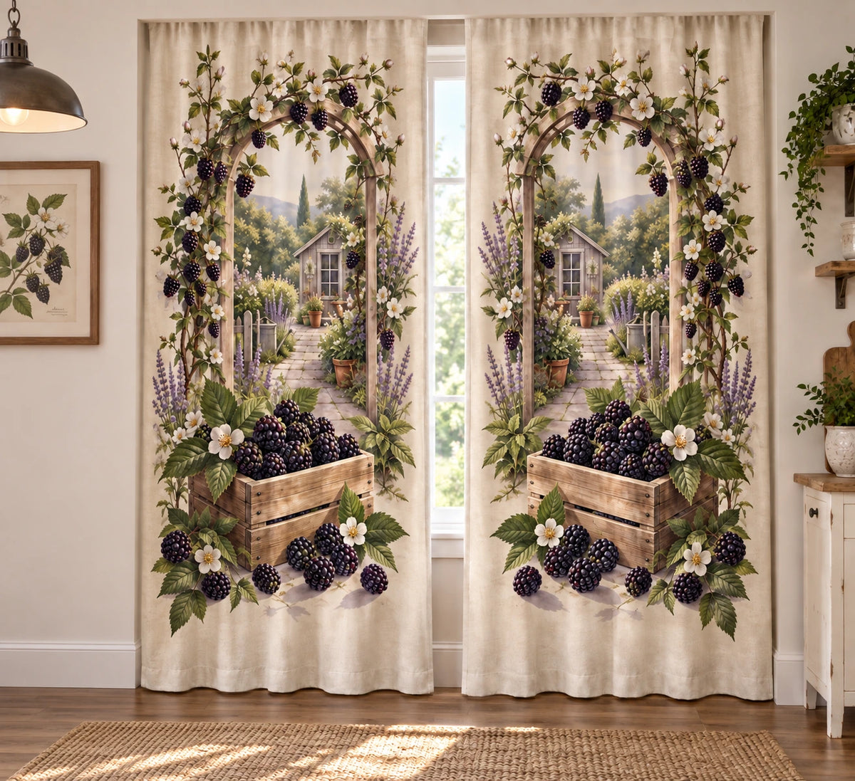 Blackberry Market Crate Window Curtain Pair with flat printed blackberry crates and garden depth