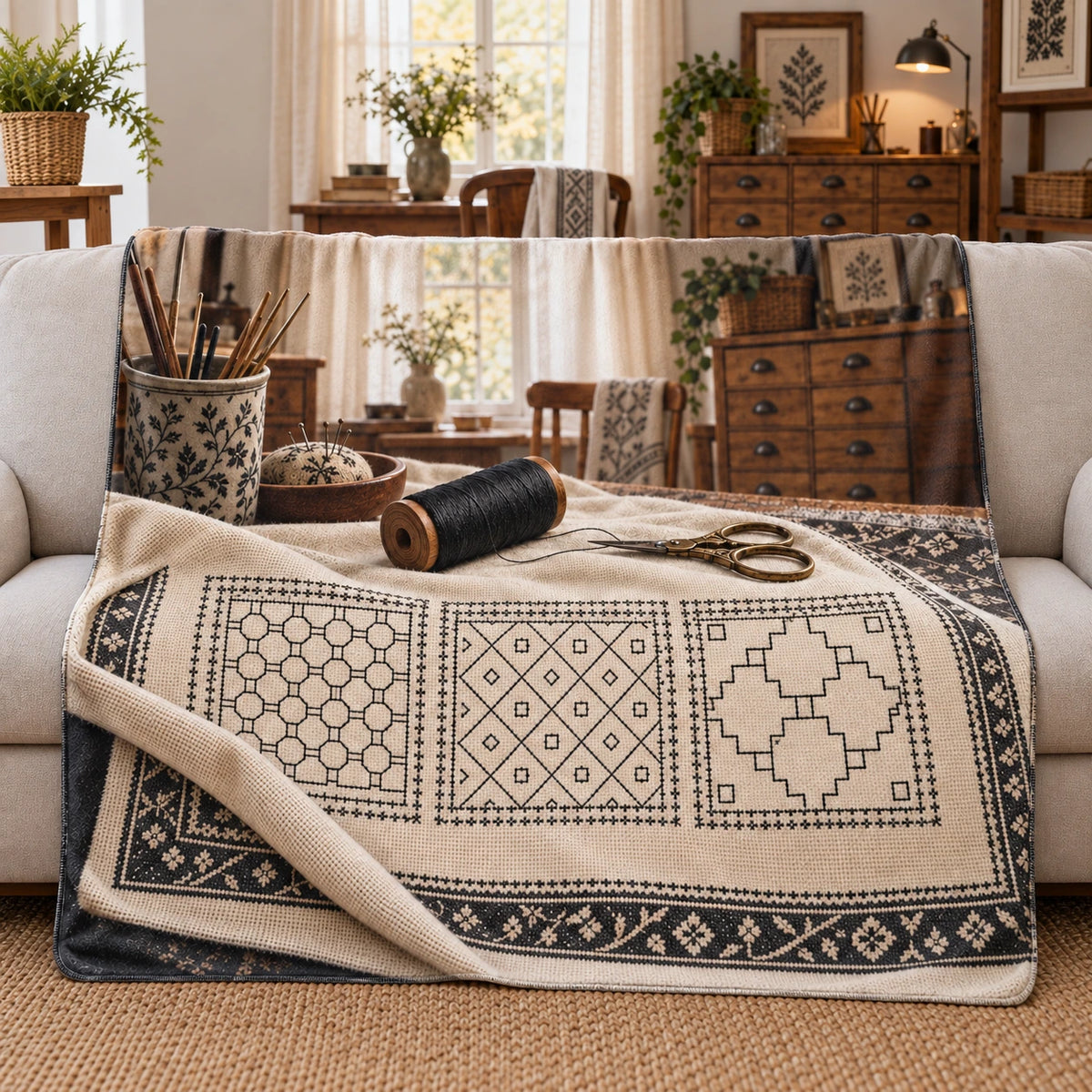 Blackwork Needlecraft Studio Fleece Throw Blanket with original printed optical 3D artwork