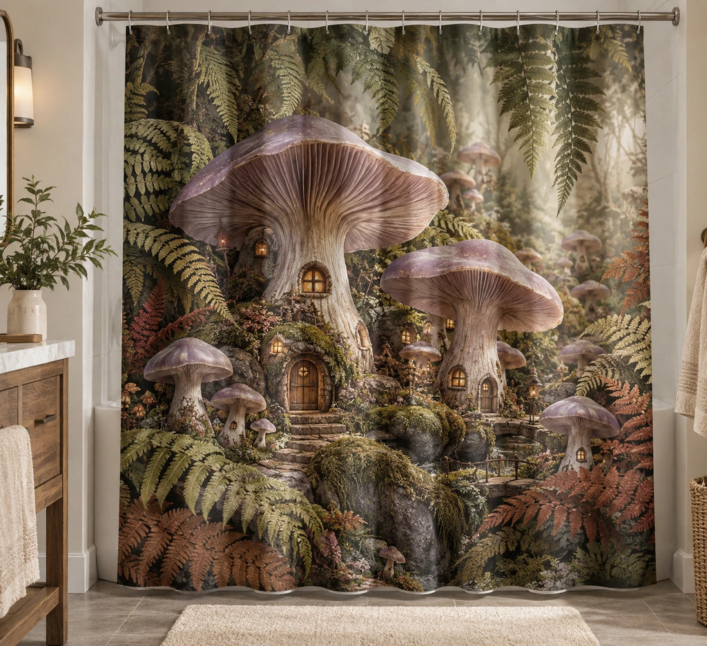 Blewit Fern Village Shower Curtain with printed dimensional artwork