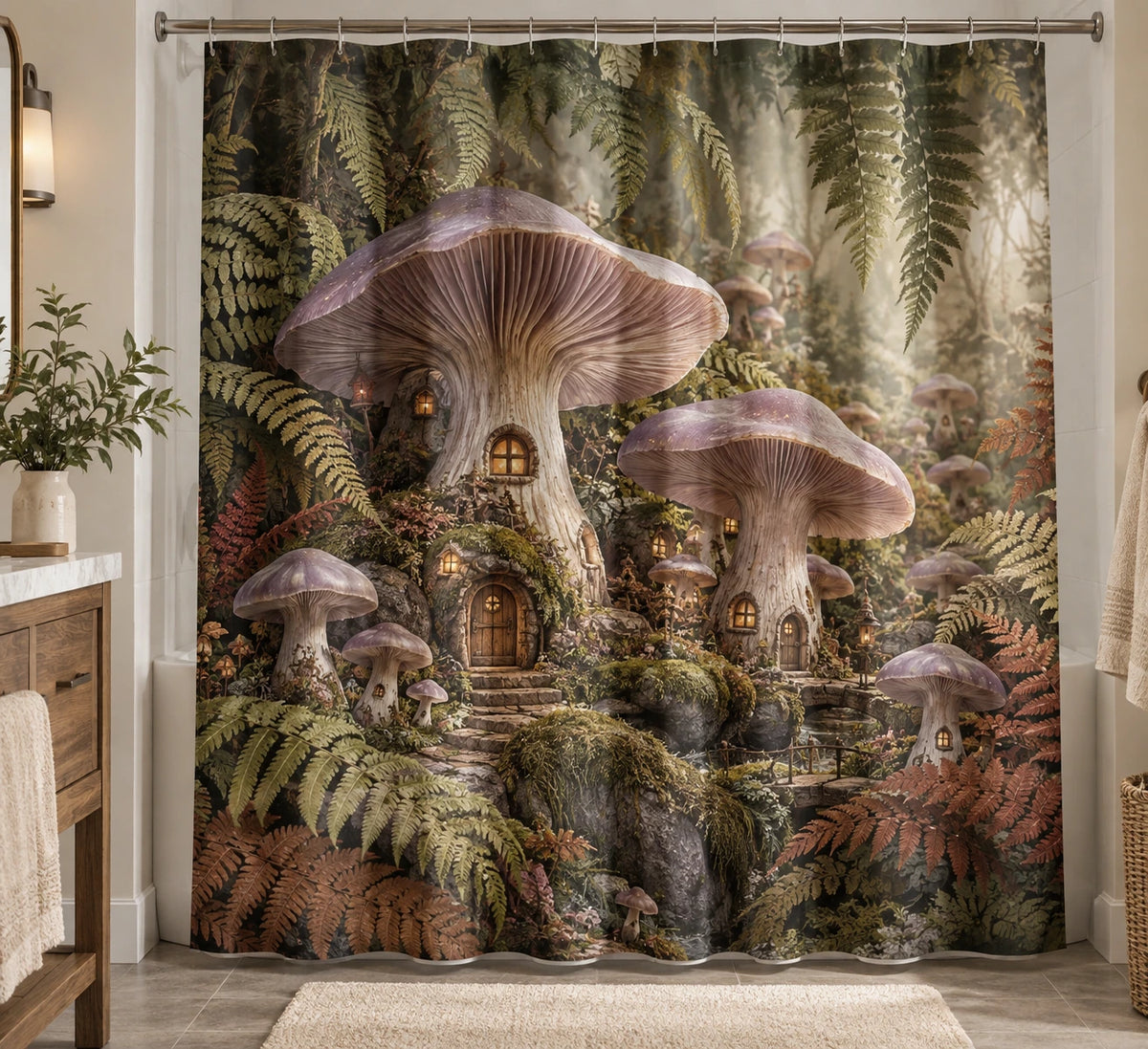 Blewit Fern Village Shower Curtain with printed dimensional artwork