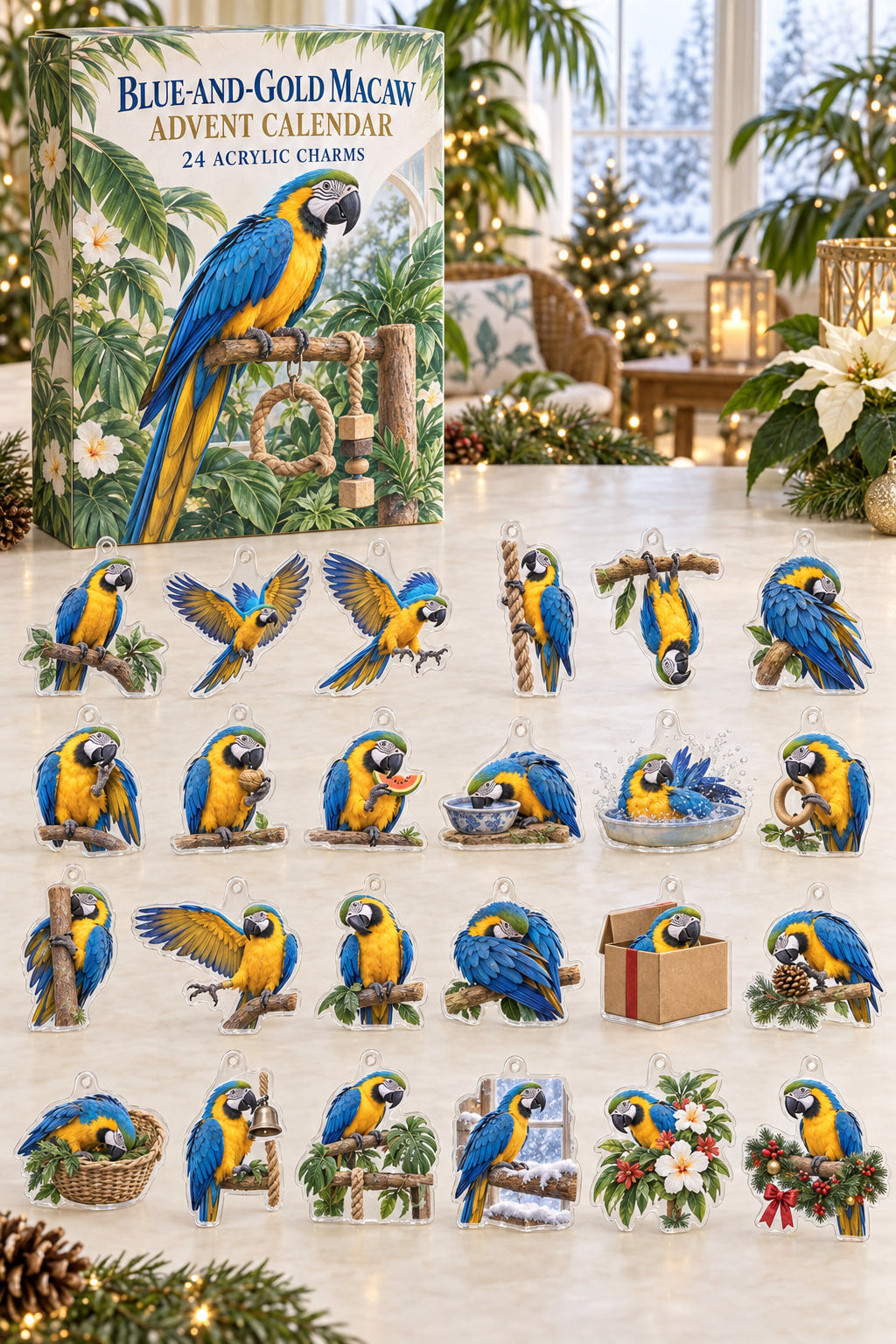 Blue-and-gold macaw advent calendar with24 distinct custom-shaped flat acrylic bird charms