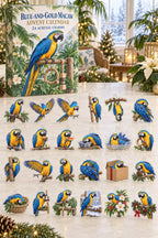 Blue-and-gold macaw advent calendar with24 distinct custom-shaped flat acrylic bird charms