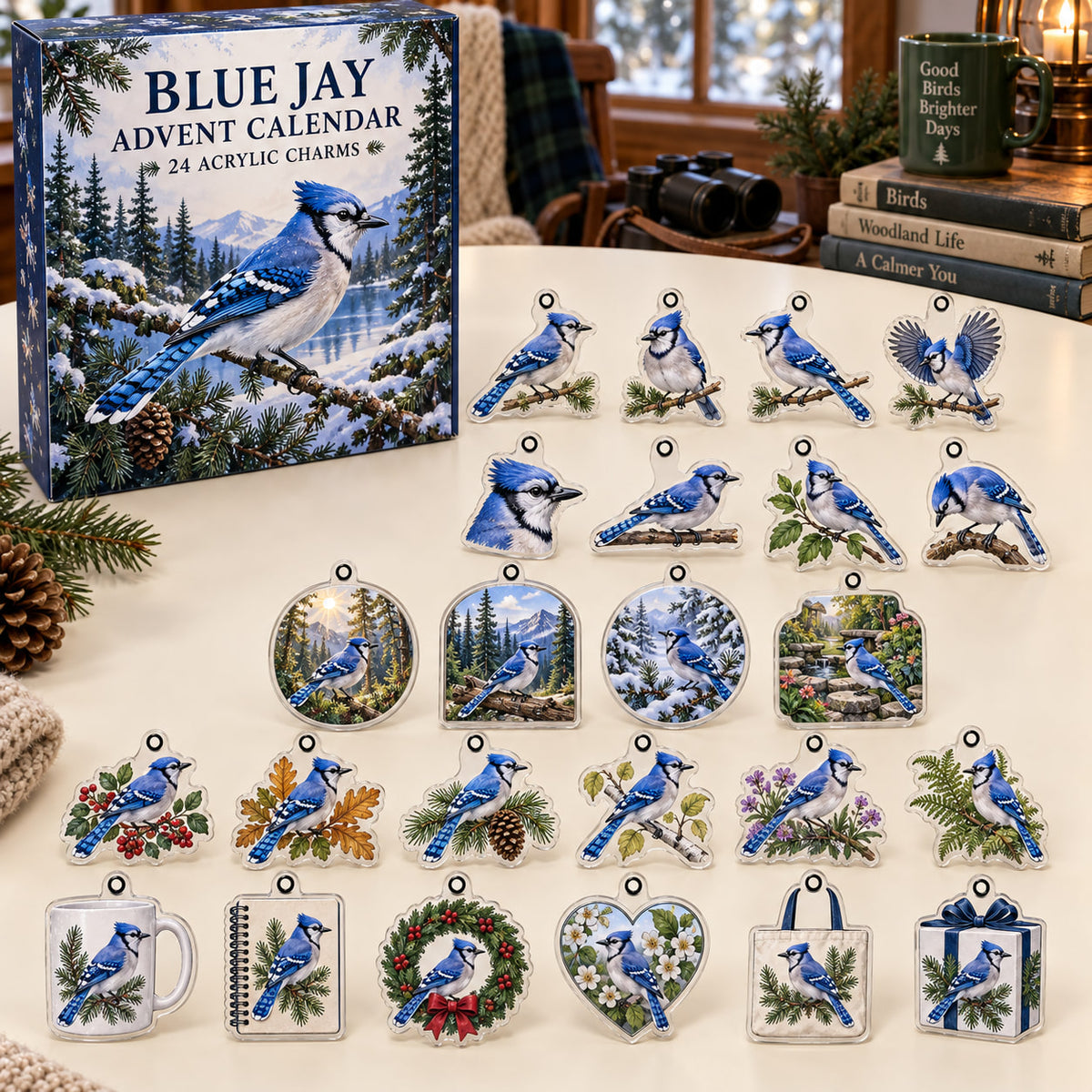 Blue Jay advent calendar box with 24 themed flat printed acrylic charms