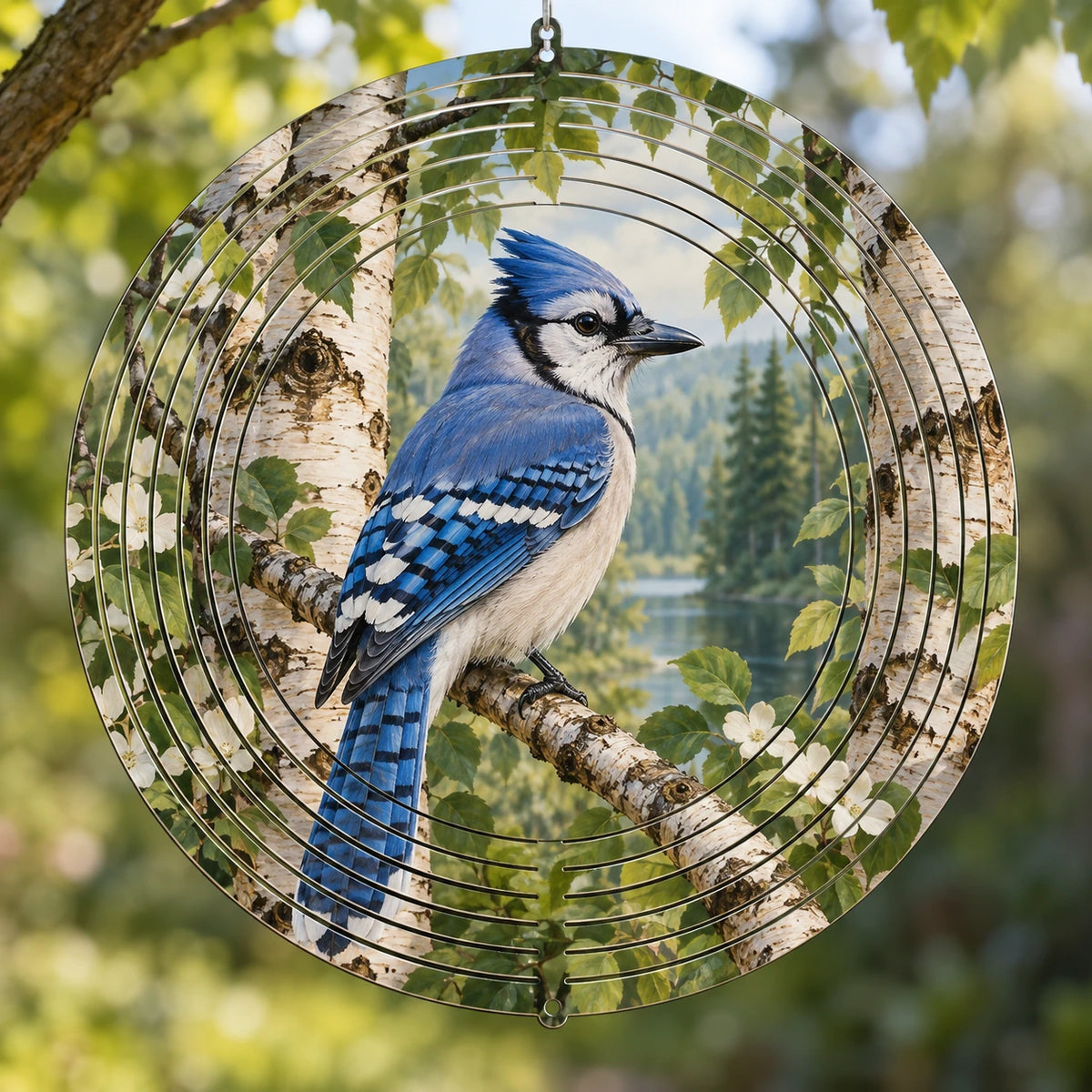 Blue Jay Birch Grove Wind Spinner with printed dimensional artwork