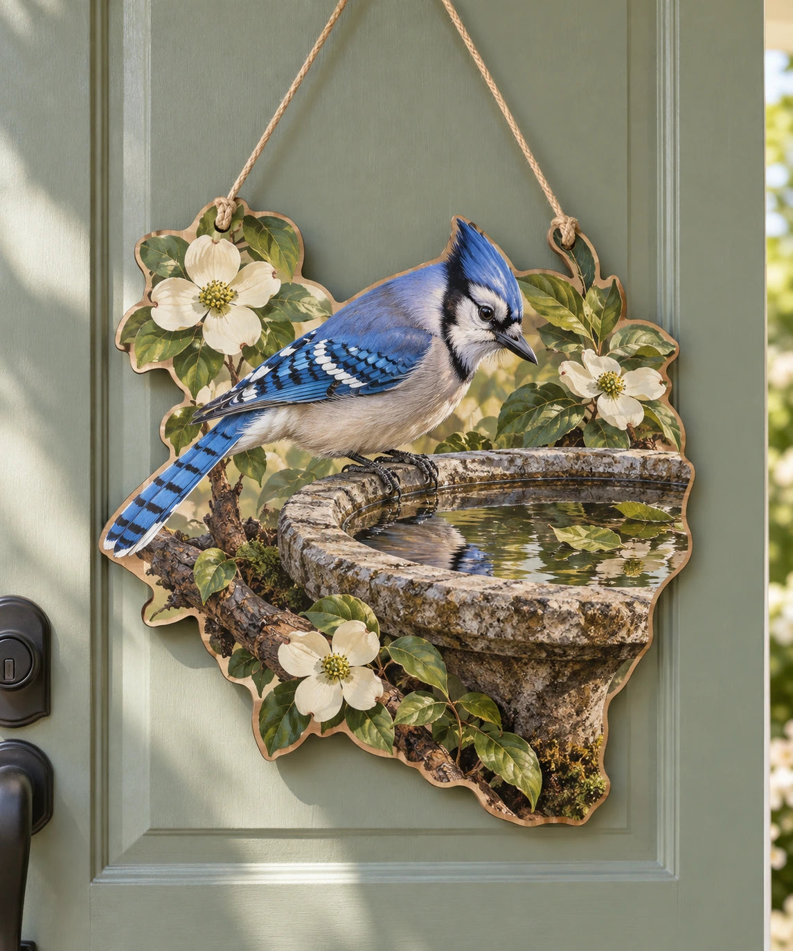 Blue Jay Morning Birdbath Custom Shape Door Hanger with printed dimensional artwork