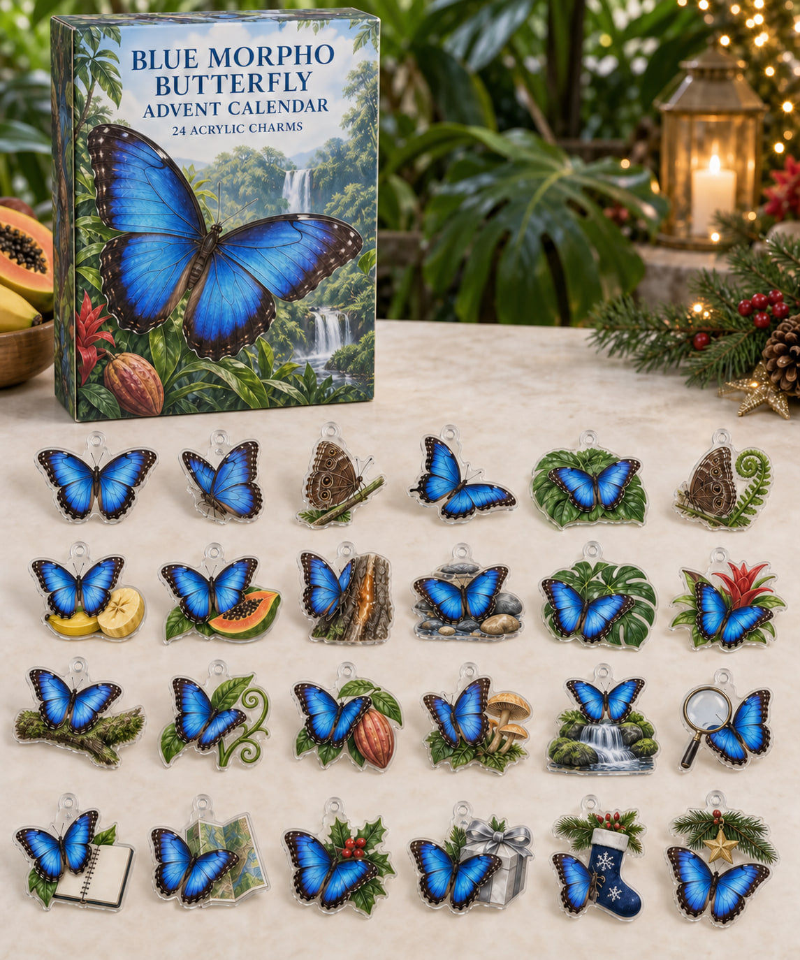 Blue Morpho Butterfly advent calendar with 24 custom-shaped flat acrylic charms and printed dimensional artwork
