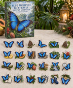 Blue Morpho Butterfly advent calendar with 24 custom-shaped flat acrylic charms and printed dimensional artwork