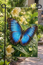 Blue Morpho Butterfly Dewdrop Leaf Garden Flag with printed dimensional artwork