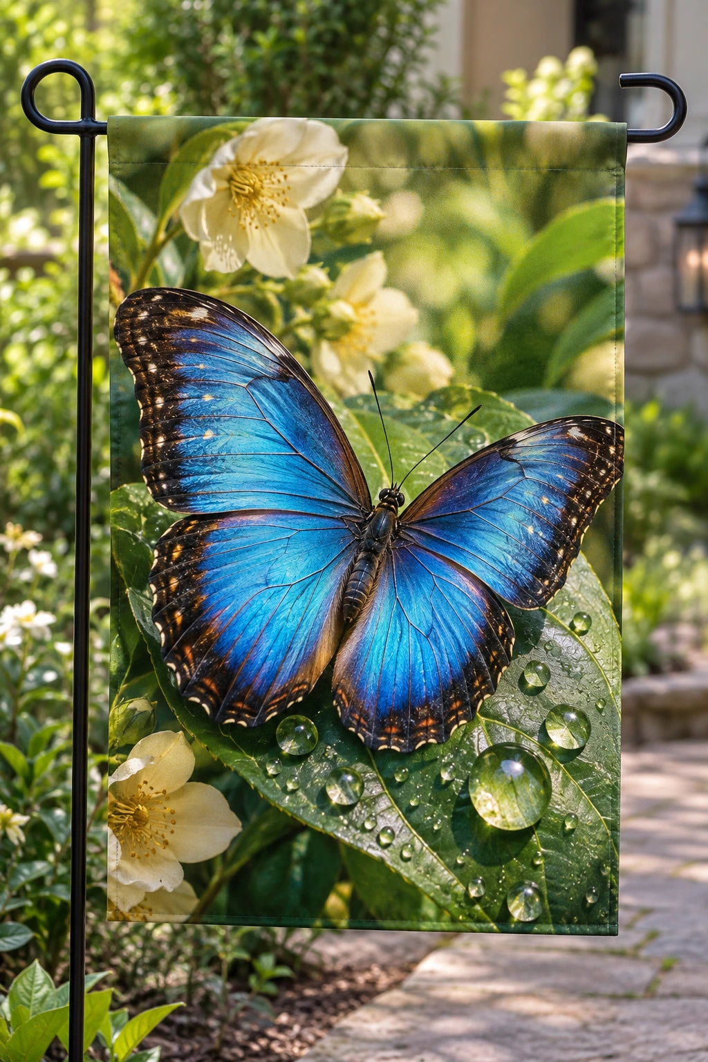 Blue Morpho Butterfly Dewdrop Leaf Garden Flag with printed dimensional artwork
