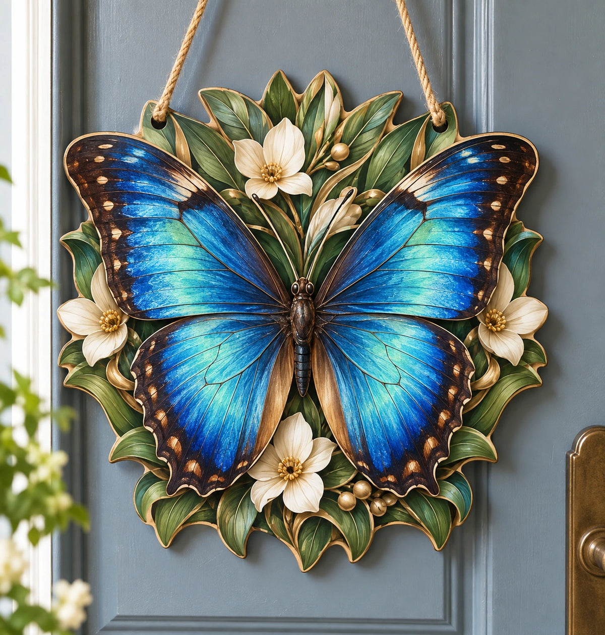 Blue Morpho Butterfly Meadow Portal Custom Shape Door Hanger with printed dimensional artwork