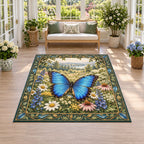 Blue morpho butterfly area rug with layered wildflowers, blue-green leaf accents and a matching sunroom setting