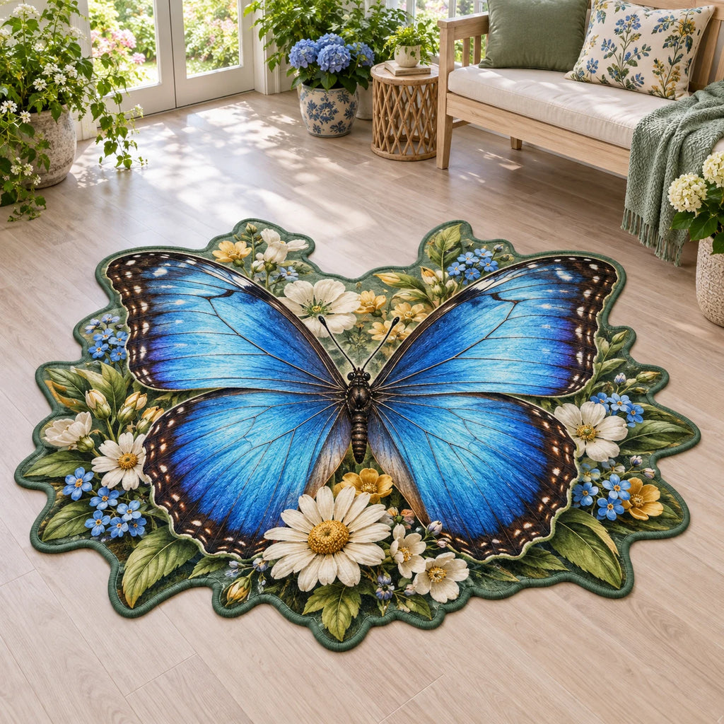 Blue morpho butterfly custom shape area rug with layered wildflowers, blue-green leaf accents and a matching sunroom setting