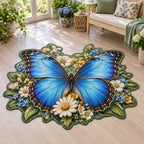 Blue morpho butterfly custom shape area rug with layered wildflowers, blue-green leaf accents and a matching sunroom setting