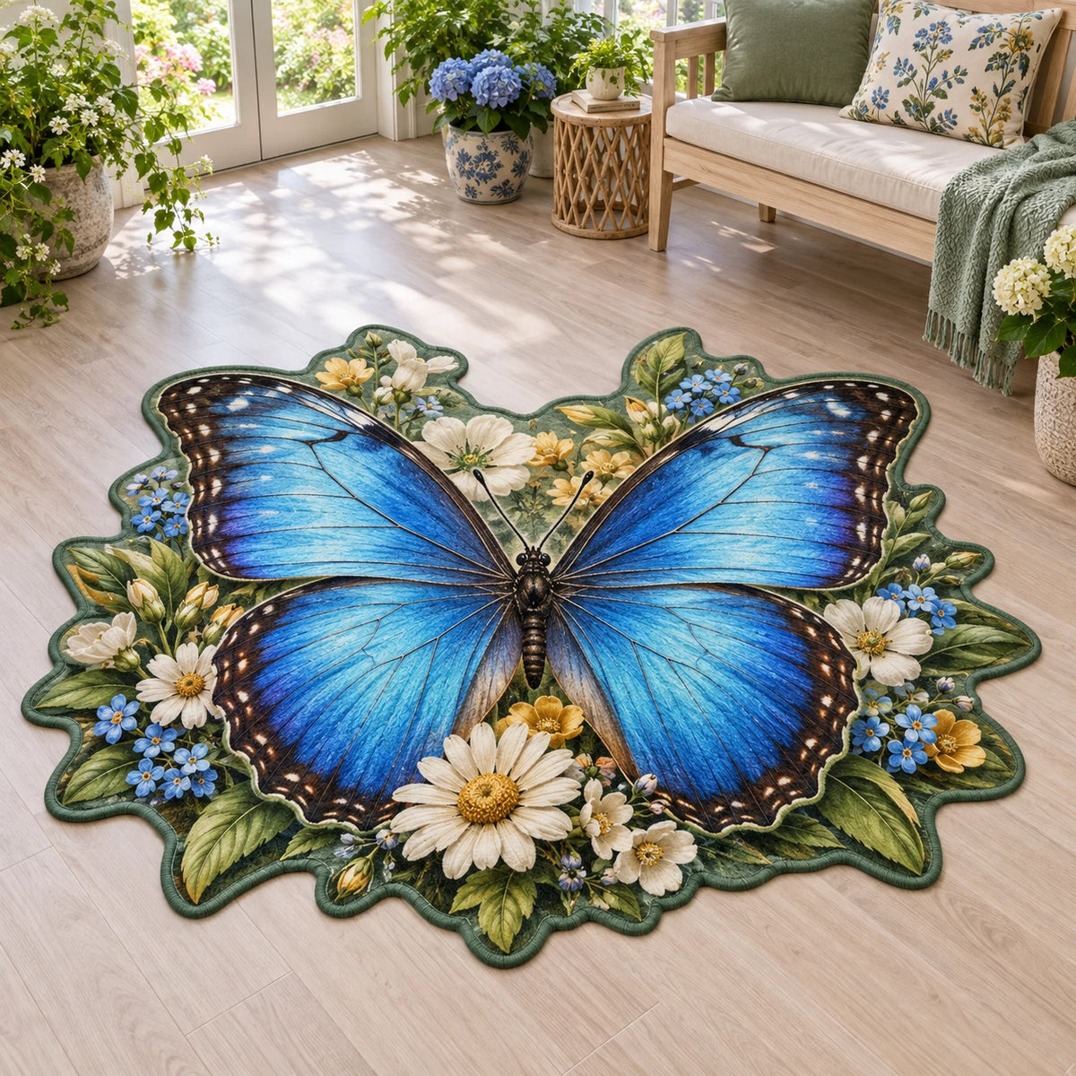 Blue morpho butterfly custom shape area rug with layered wildflowers, blue-green leaf accents and a matching sunroom setting