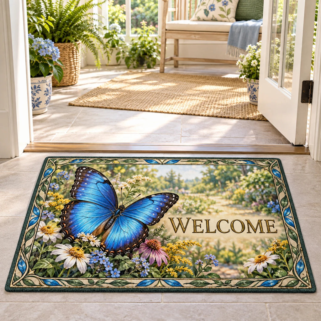 Blue morpho butterfly doormat with layered wildflowers, blue-green leaf accents and a matching sunroom setting