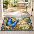 Blue morpho butterfly doormat with layered wildflowers, blue-green leaf accents and a matching sunroom setting