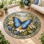 Blue morpho butterfly round mat rug with layered wildflowers, blue-green leaf accents and a matching sunroom setting