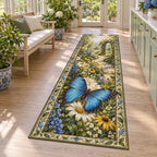 Blue morpho butterfly runner rug with layered wildflowers, blue-green leaf accents and a matching sunroom setting