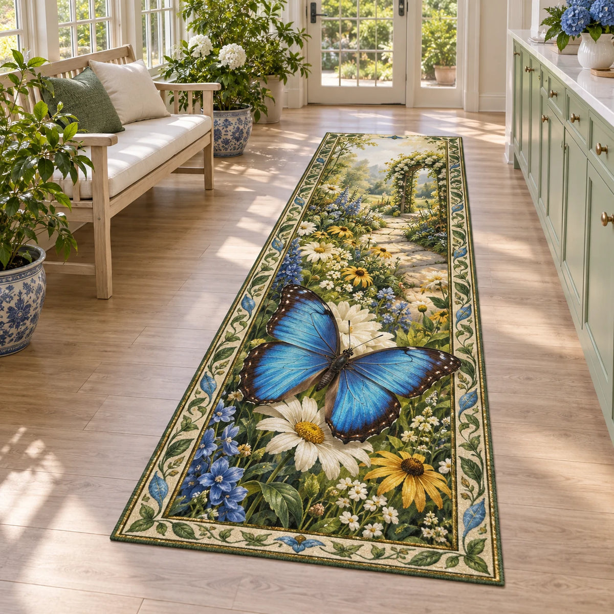 Blue morpho butterfly runner rug with layered wildflowers, blue-green leaf accents and a matching sunroom setting