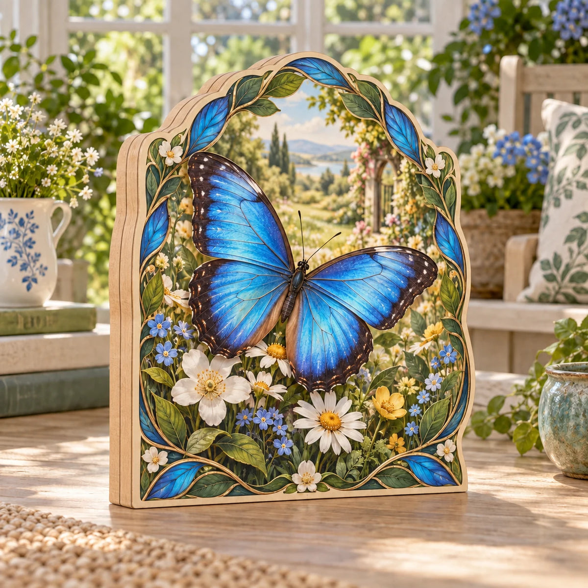 Blue morpho butterfly wooden block 3 layer with layered wildflowers, blue-green leaf accents and a matching sunroom setting
