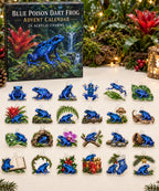 Blue Poison Dart Frog advent calendar with 24 custom-shaped flat acrylic charms and printed dimensional artwork