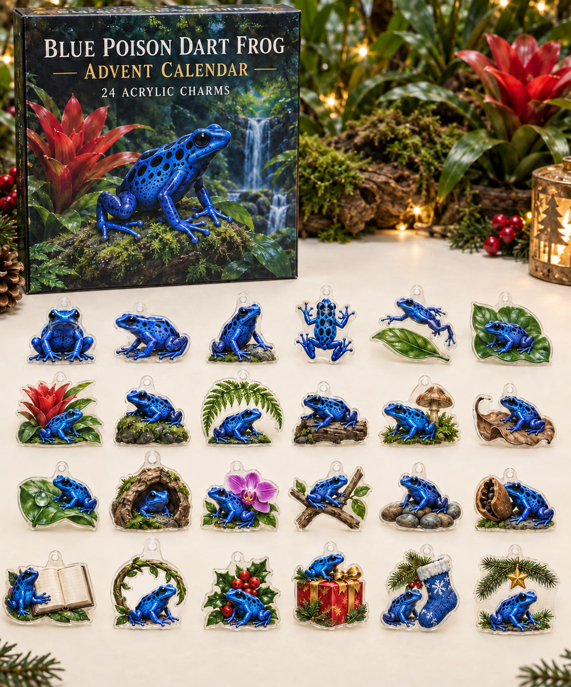 Blue Poison Dart Frog advent calendar with 24 custom-shaped flat acrylic charms and printed dimensional artwork