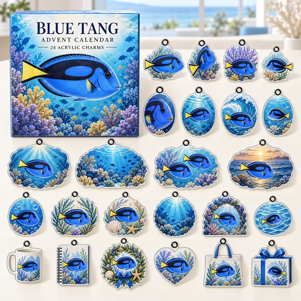 Blue Tang advent calendar box with 24 themed flat printed acrylic charms