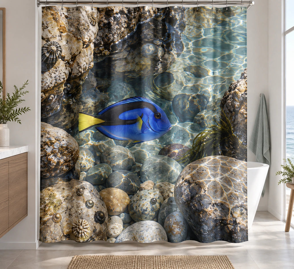 Blue Tang Tidepool Window Shower Curtain with printed dimensional artwork