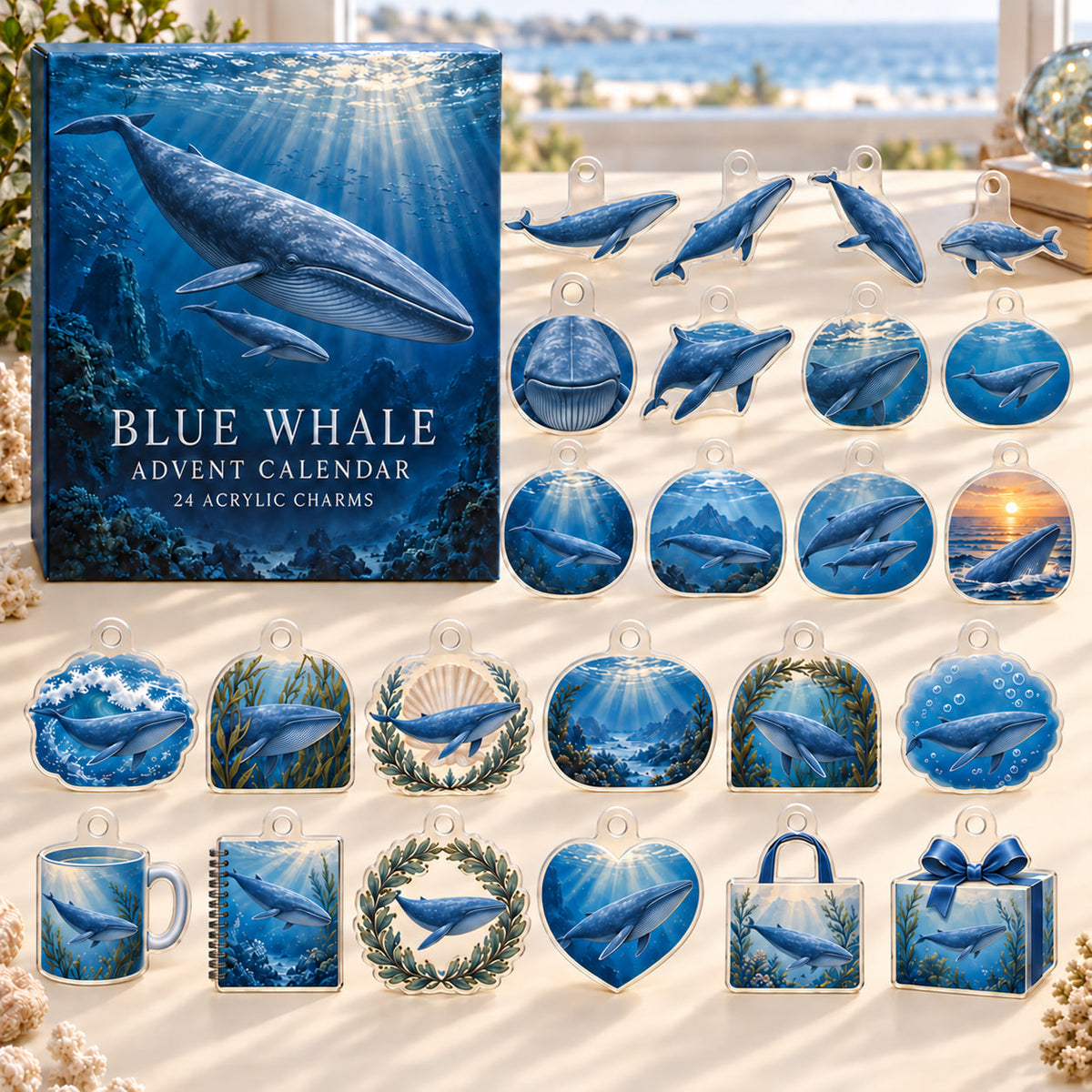 Blue Whale advent calendar box with 24 themed flat printed acrylic charms